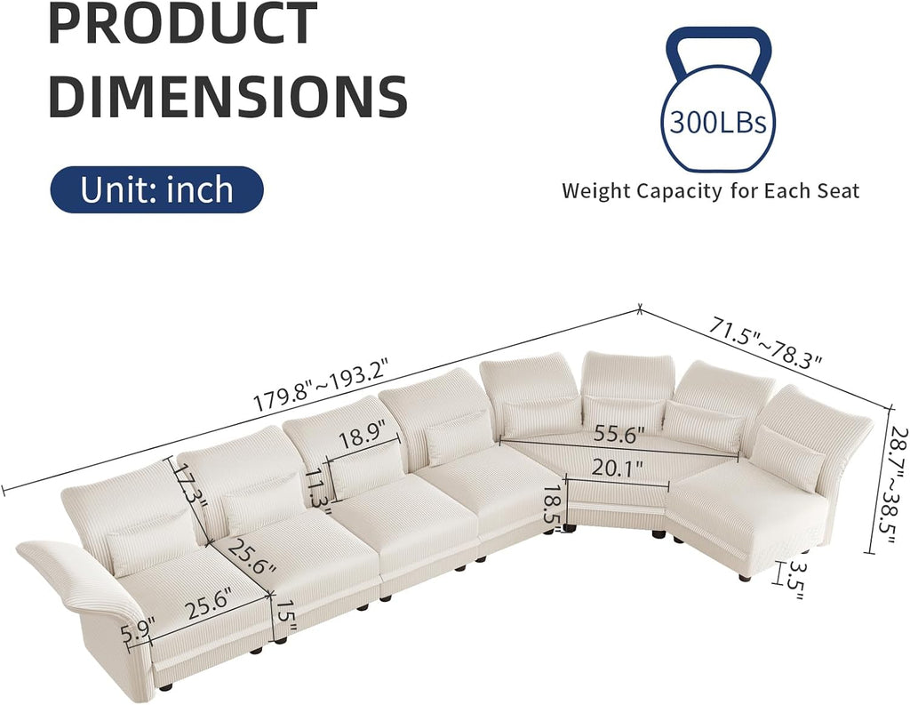 LLappuil L Shaped Curved Sectional Sofa with Storage & Extra Large Hexagon Seat, Beige Corduroy Modular Sectional Sofa for Living Room with Adjustable Arms & Backs, 6 Seat