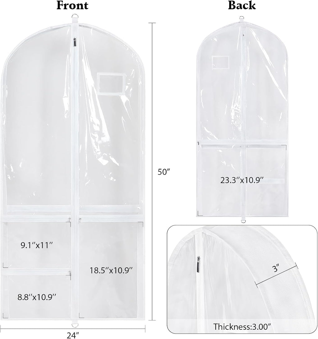 Univivi 50 Inch Dance Costume Garment Bags for Dancers, White, 2 Pack | Breathable Fabric, PVC Window, 3 Separated Clear and 1 Back Zipper Pocket, Foldable Dance Garment Bags for Dancers, Dresses