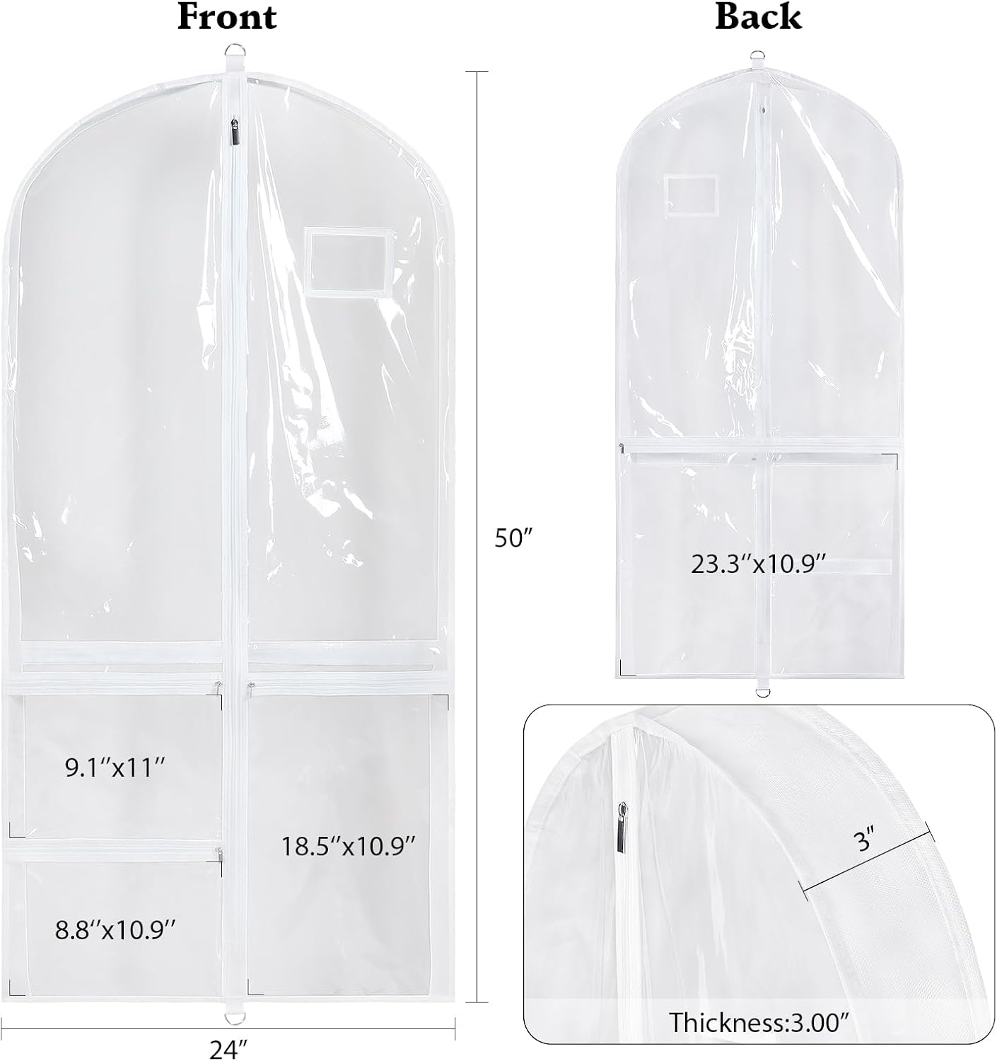Univivi 50 Inch Dance Costume Garment Bags for Dancers, White, 2 Pack | Breathable Fabric, PVC Window, 3 Separated Clear and 1 Back Zipper Pocket, Foldable Dance Garment Bags for Dancers, Dresses