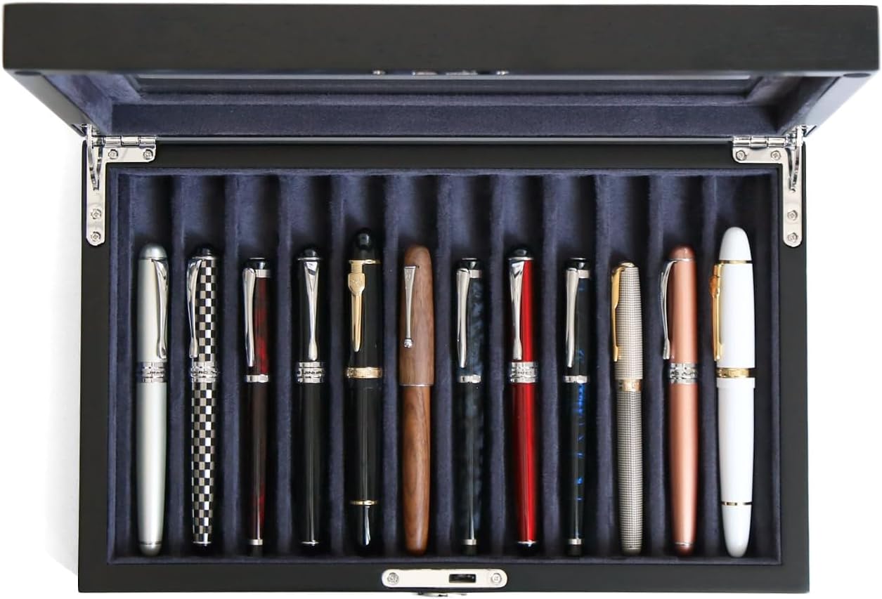 Wooden Pen Display Case – 12 Slot Lockable Fountain Pen Storage Box, Black Collectors Display with Glass Top, Gift for Men