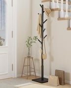 Yawinhe Coat Rack, Sturdy Woode Stand Tree with 8 Hooks, 3 Adjustable Height for Bedroom, Hallway, Entrance, Office, 11.8 x 70.8 inches, Black, 1-Pack, Square Base