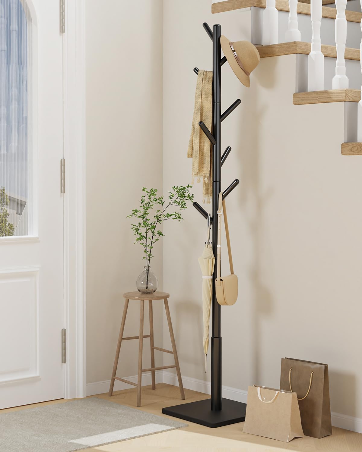 Yawinhe Coat Rack, Sturdy Woode Stand Tree with 8 Hooks, 3 Adjustable Height for Bedroom, Hallway, Entrance, Office, 11.8 x 70.8 inches, Black, 1-Pack, Square Base