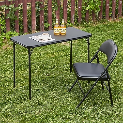 KAIHAOWIN Folding Table Chair Set, Black Vinyl Folding Card Table Chair, No A...
