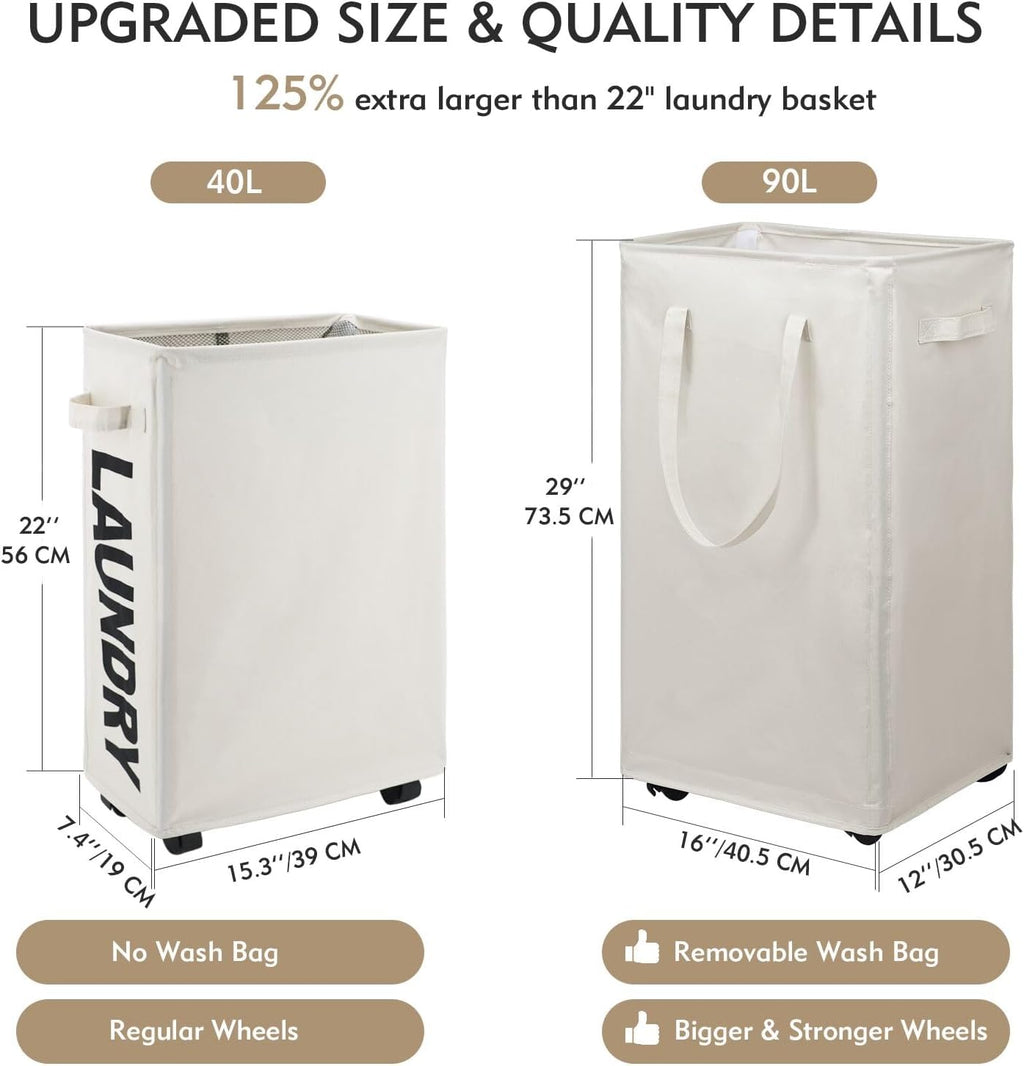 DOKEHOM 90L X-Large Laundry Basket with Removable Wash Bag on Wheels, Collapsible Rolling Laundry Hamper, Foldable Clothes Organizer, Folding Washing Bin (Beige)