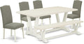 East West Furniture V027EN206-6 6 Piece Kitchen Table Set Contains a Rectangle Dining Table with V-Legs and 4 Dark Shitake Linen Fabric Parson Chairs with a Bench, 40x72 Inch, Multi-Color