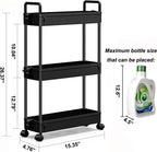 SOLEJAZZ Slim Rolling Storage Cart with Wheels 3 Tier Skinny Bathroom Storage Organizer Thin Laundry Room Utility Cart Space-Saving for Bedside Kitchen Office Small Narrow Places, Black