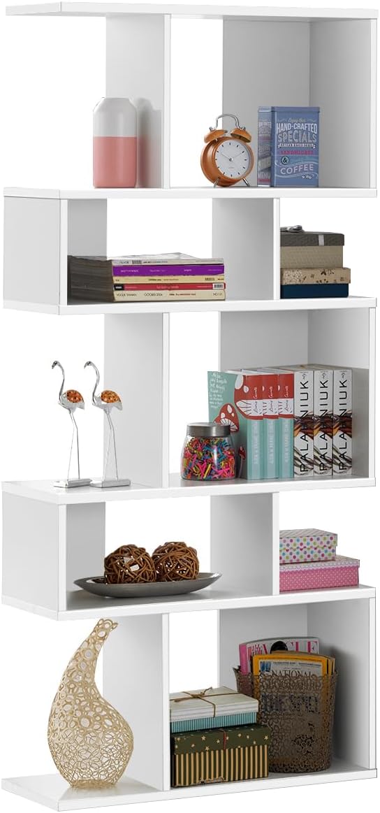 Giantex 5-Tier Geometric Bookshelf White, 70'' Tall Wood Freestanding...