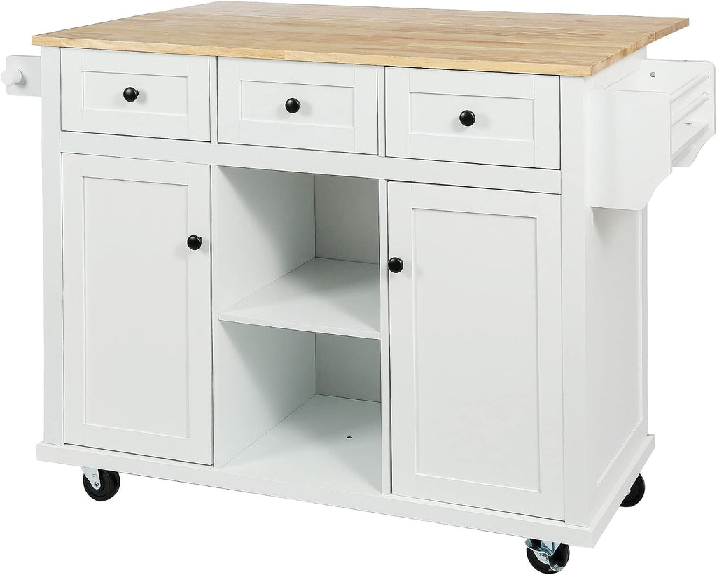 LUMISOL Rolling Kitchen Island with Drop Leaf and Storage, White | Kitchen Cart with 3 Drawers and 2 Cabinets, for Dinning Room