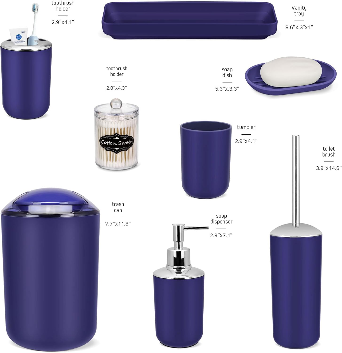 IMAVO Bathroom Accessories Set,Navy Blue Bathroom Set,9 Pieces Bathroom Accessory Set,Tray,Qtip Holders,Toilet Brush,Trash Can for Bathroom Décor and Home Gifts