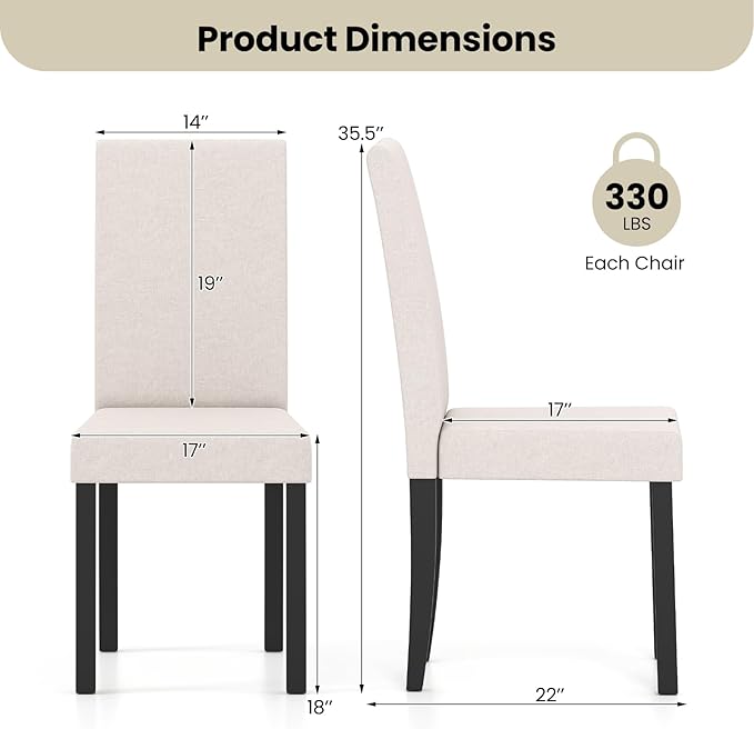 Giantex Upholstered Dining Chair Set of 2, Mid Century Modern Fabric Kitchen Chairs with Rubber Wood Legs, Thick Padded Seat, High Back, Side Armless Chairs for Living Dining Room (Beige)