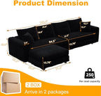 KEIKI 102.4" Sectional Couches, Modern Comfy Upholstered Sofa Cloud Couch, Deep Seat 4 Seat Sofa Set with Soft Pillows and Movable Ottoman for Living Room, Apartment, Office, Black