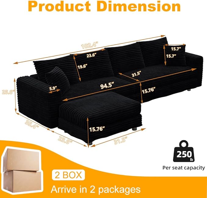 KEIKI 102.4" Sectional Couches, Modern Comfy Upholstered Sofa Cloud Couch, Deep Seat 4 Seat Sofa Set with Soft Pillows and Movable Ottoman for Living Room, Apartment, Office, Black
