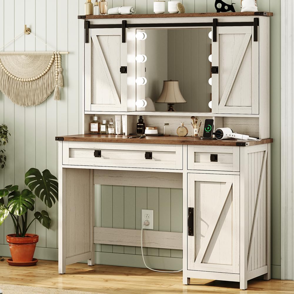 AOGLLATI Makeup Vanity with Lights & Barn Doors, Vanity Desk with Mirror ...