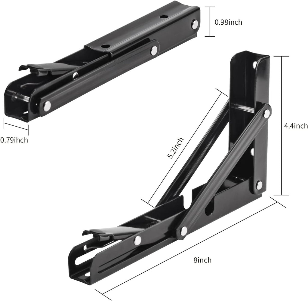 YUMORE Folding Shelf Brackets, 8 Inch Heavy Duty Collapsible Shelf Bracket, Black DIY L Bracket for Workbench Folding Table Hinge, Max Load: 300lb, 2 Pack