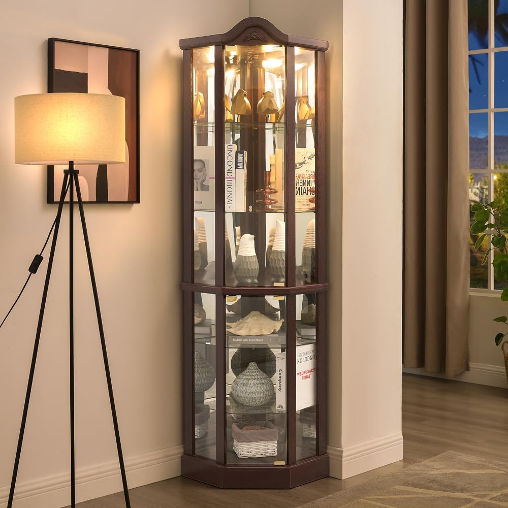 KEIKI 72" Corner Glass Display Cabinet with Adjustable Shelves, for Coll...