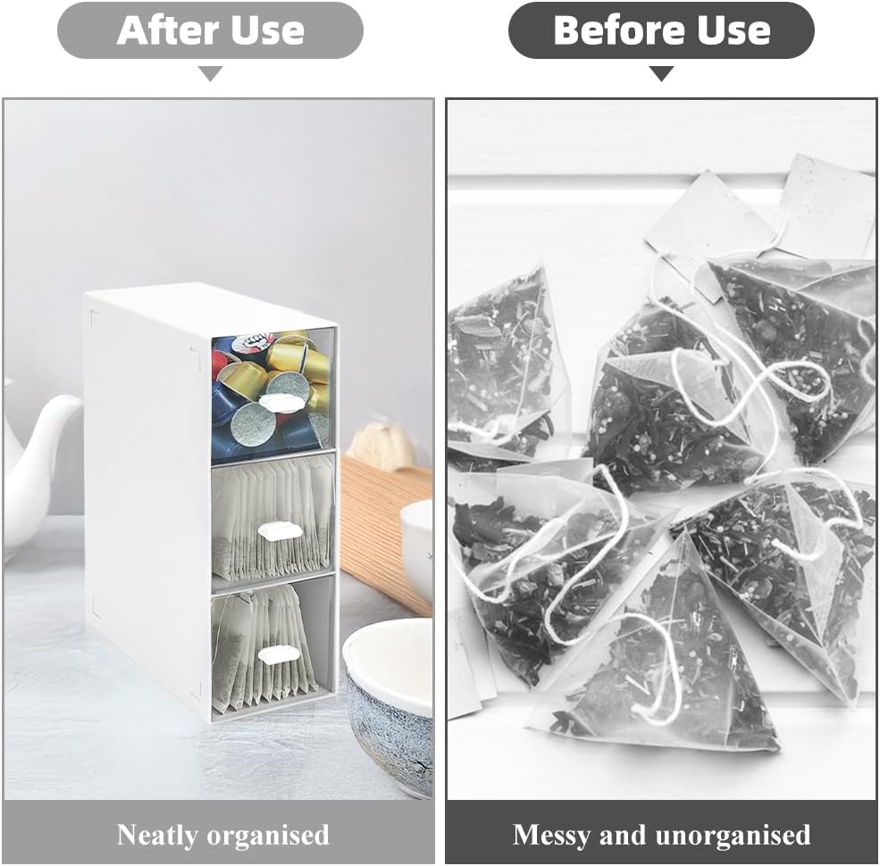 Tea Bag Organizer with 3 Storage Drawers, Plastic Stackable Box, White | Tea box organizer, tea holder organizer, container for tea, coffee, sugar and cosmetic sachets, 1Pcs