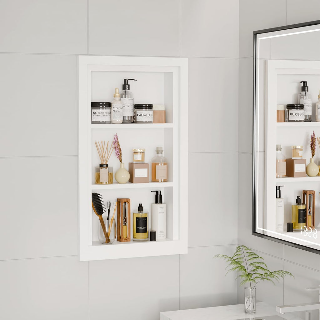Solid Wood 14 X 24 Recessed Medicine Cabinet,3-Tier, Medicine Cabinet Organizer,Wall Niche, Bathroom Wall Cabinet, Recessed Bathroom Cabinet,recessed Wall Cabinet, Bathroom Cabinet With Storage, White