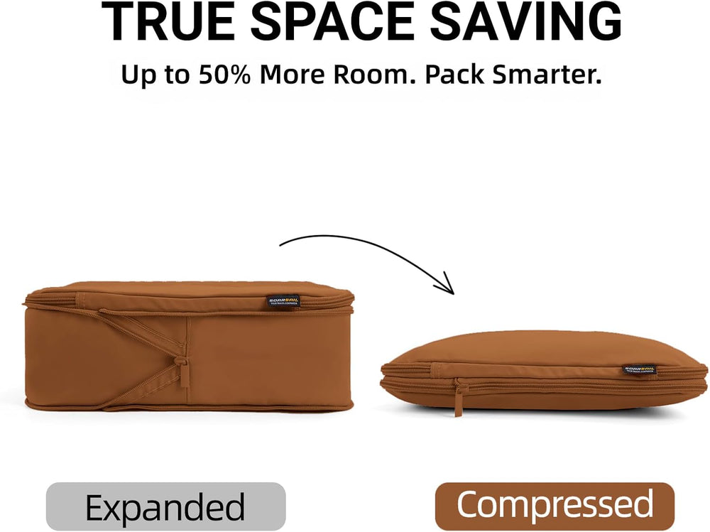 6 Piece Compression Packing Cubes for 7–14 Day Travel, Light Brown