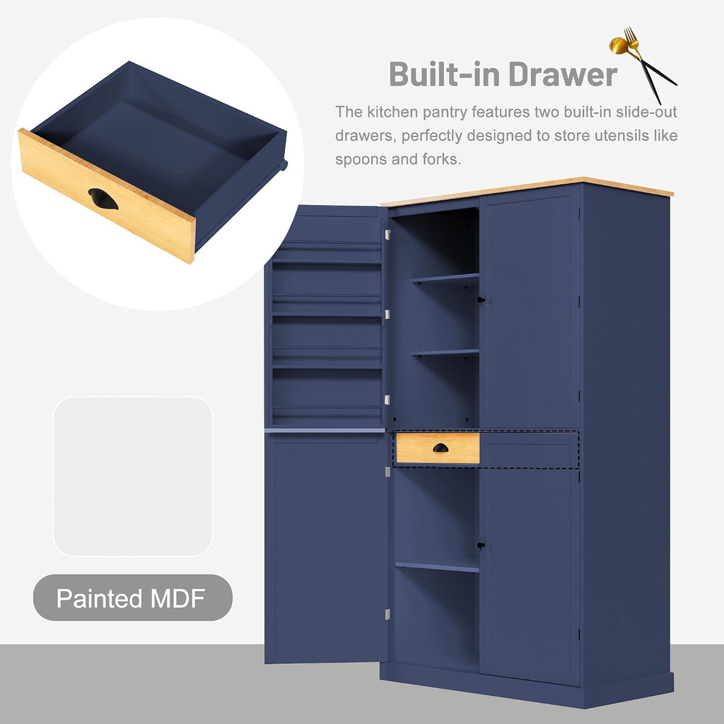 High Freestanding Kitchen Pantry Large Cupboard Storage Cabinet with 2 Drawers, 2 Adjustable Shelves, 8 Door Shelves for Kitchen, Dining Room (Blue/Large)