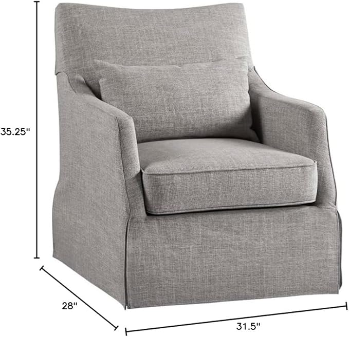 Martha Stewart London Swivel Chair - Solid Wood & Plywood, Skirted Metal Base Accent Armchair, Lumbar Pillow -Modern Classic Family Room Sofa Furniture Bedroom Lounge, 28"X31.5"X35.25", Grey