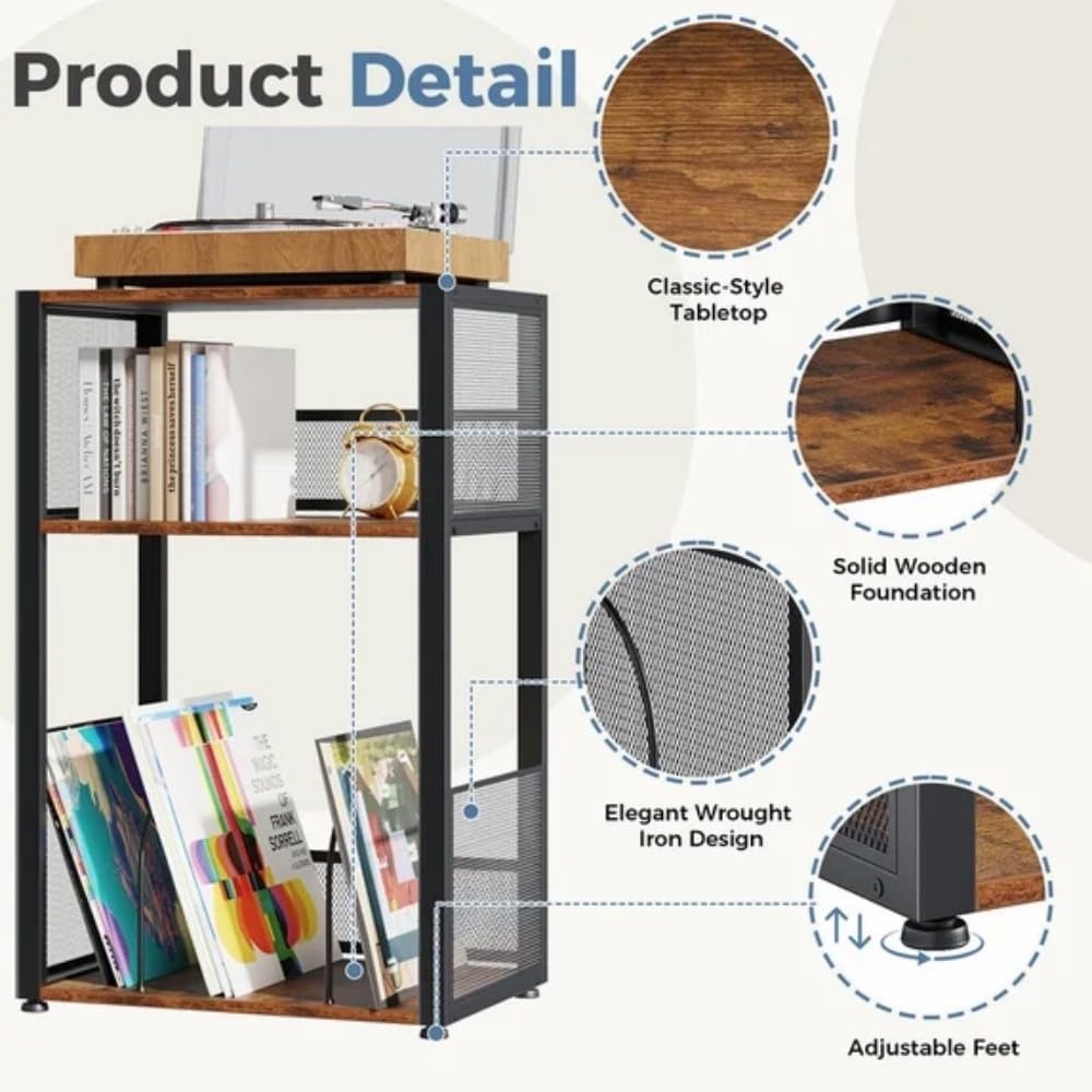 3 Tier Wooden End Table with Vinyl Storage Up to 100 Albums, Record Player St...