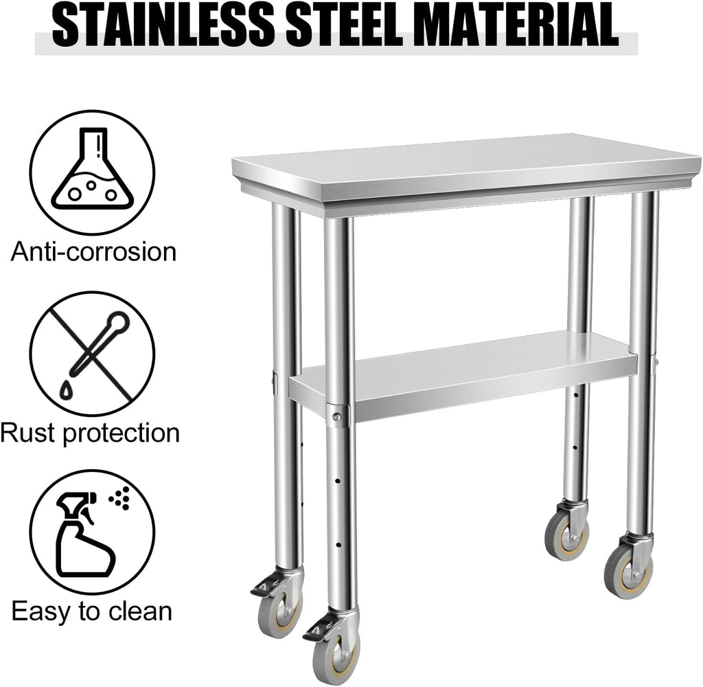 Stainless Steel Table for Prep & Work 30 x 12 Inches with Caster Wheels, NSF Commercial Heavy Duty Table with Undershelf and Galvanized Legs for Garage Restaurant Home and Hotel