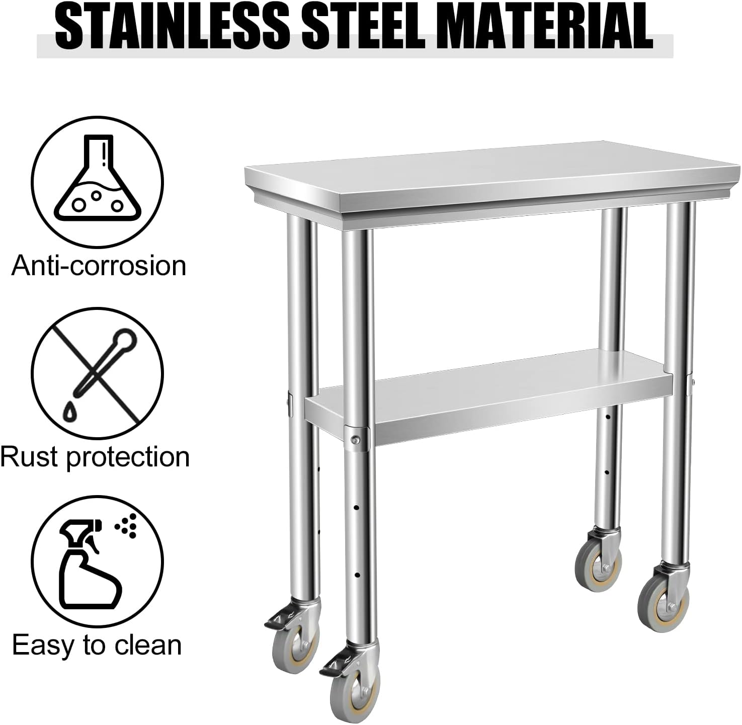 Stainless Steel Table for Prep & Work 30 x 12 Inches with Caster Wheels, NSF Commercial Heavy Duty Table with Undershelf and Galvanized Legs for Garage Restaurant Home and Hotel