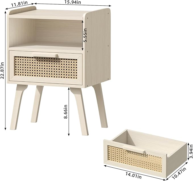 Lerliuo Rattan Nightstands Set of 2, Side Table with Drawer Open Shelf, Cane ...