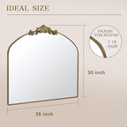 MISSDAY Vintage Retro Bronze Baroque Mirror for Wall, 36"X30" Arched Antique Wall Mirror with Elegant Carving Top, Full Metal Frame Wall-Mounted Mirror for Bathroom, Living Room, Fireplace, Entryway
