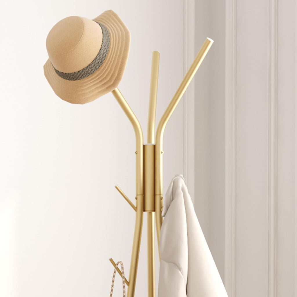 HOMEFORT Coat Rack, Coat Hanger Stand with 2 Shelves, Freestanding Hall Tree, Metal Hat Hanger with 12 Hooks for Clothes Hats and Scarves (Gold)