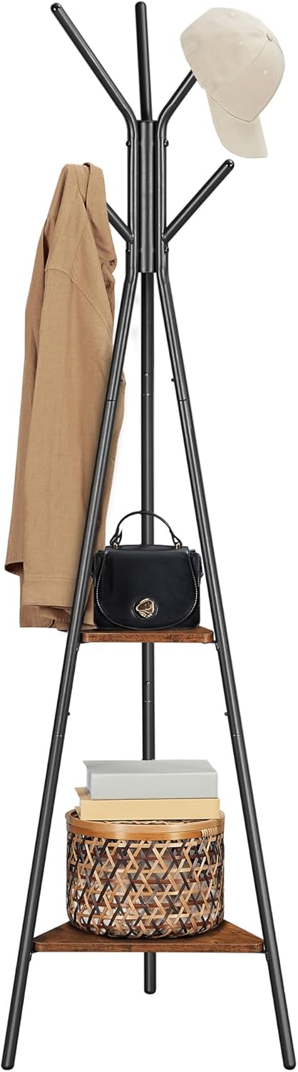 VASAGLE Coat Rack Freestanding, Coat Hanger Stand, Hall Tree with 2 Shelves, for Clothes, Hat, Bag, Industrial Style, Rustic Brown and Black URCR16BX