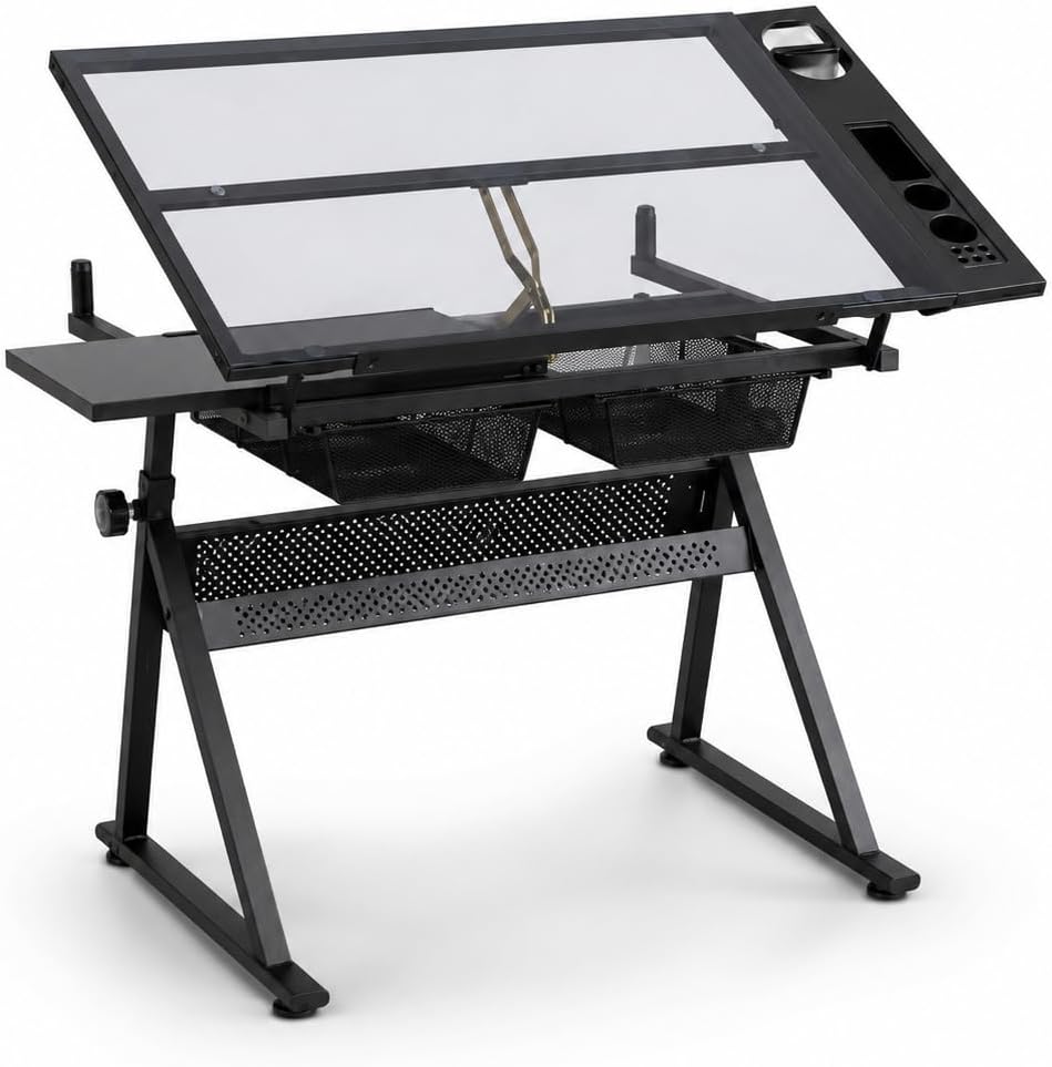 Height Adjustable Drafting Table with 0-70° Tilting Glass Top, Black | 27.2-3...