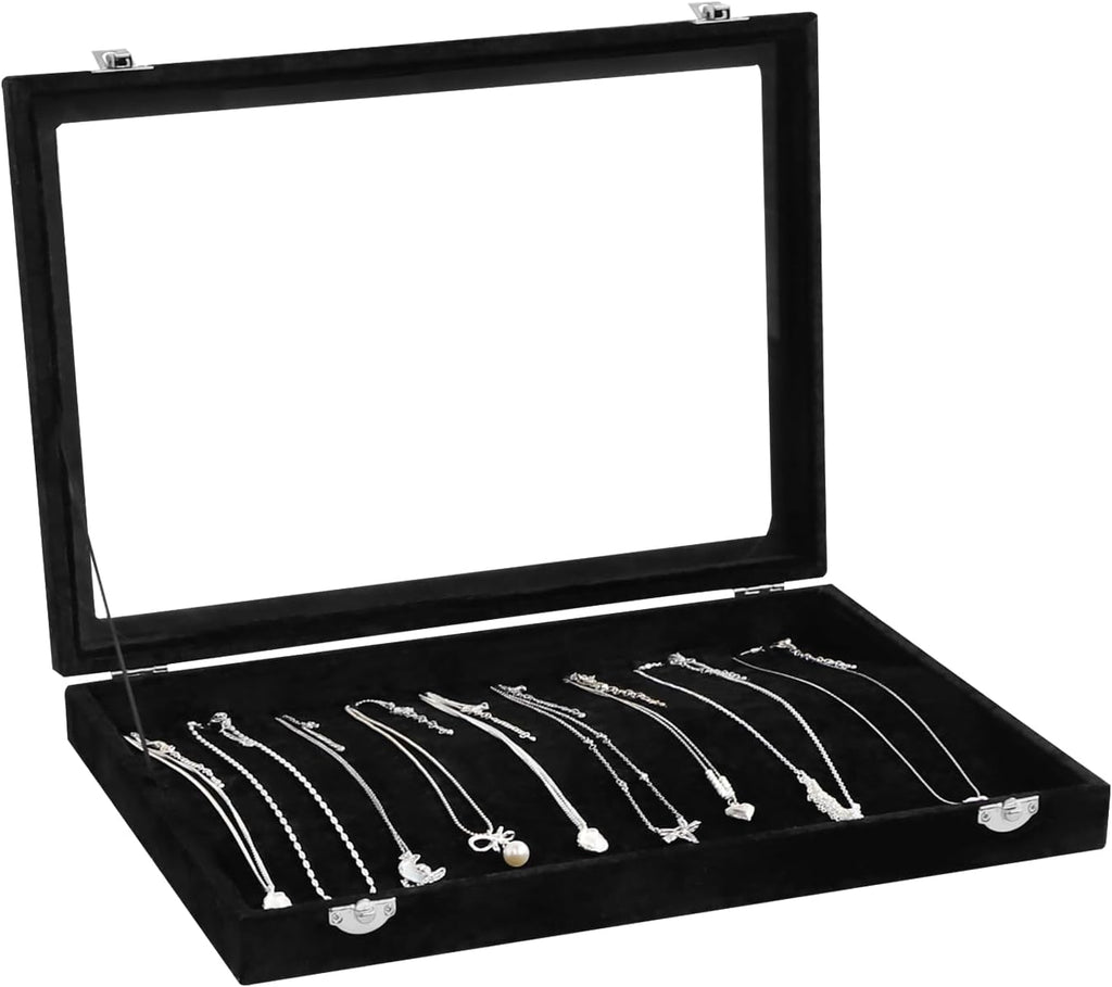 Wudygirl Jewelry Organizer Necklace Organizer Box 20 Hooks Necklaces Holder Display Case Black Velvet Jewelry Organizer with Clear Lid(Black Necklace Tray)