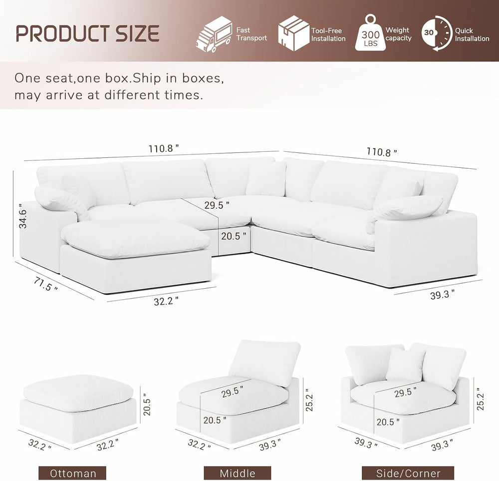 Cloud Modular Sectional Sofa,221.6" Down Filled Sofa 5 Seat with Chaise,...
