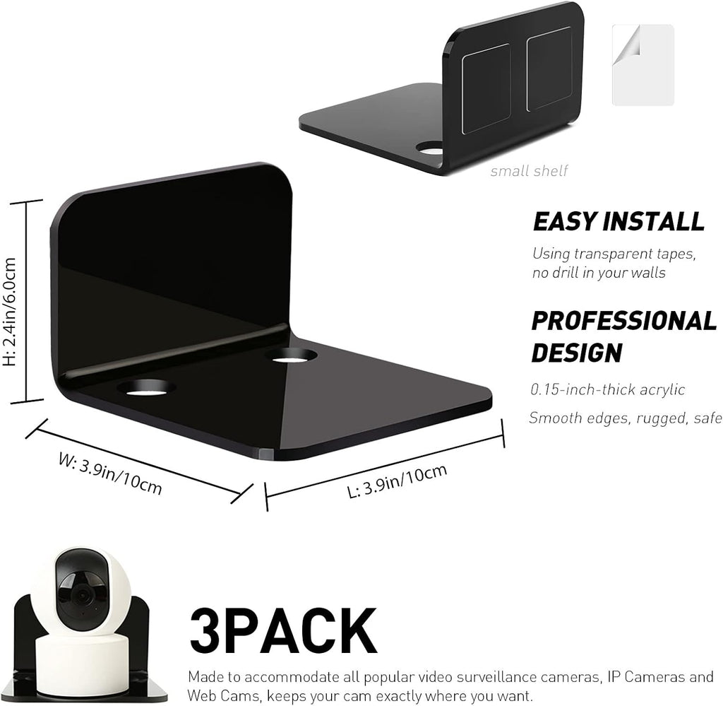 OAPRIRE Acrylic Floating Wall Shelves Set of 3, Drill Free with10 Piece Strong Tapes - Universal Small Adhesive Shelf for Security Cameras, Baby Monitors with Cable Clips (Black)