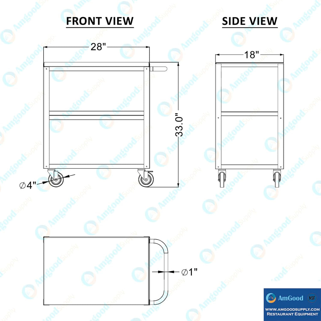 18 in. Wide X 28 in. Long X 33 in High | 3 Shelf Metal Utility Cart on Wheels with Handle