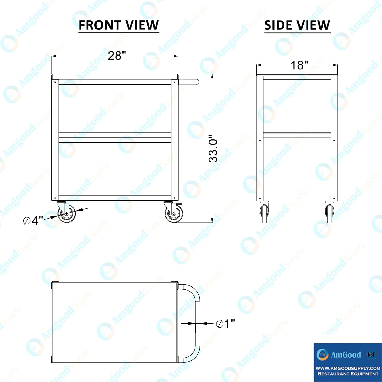 18 in. Wide X 28 in. Long X 33 in High | 3 Shelf Metal Utility Cart on Wheels with Handle