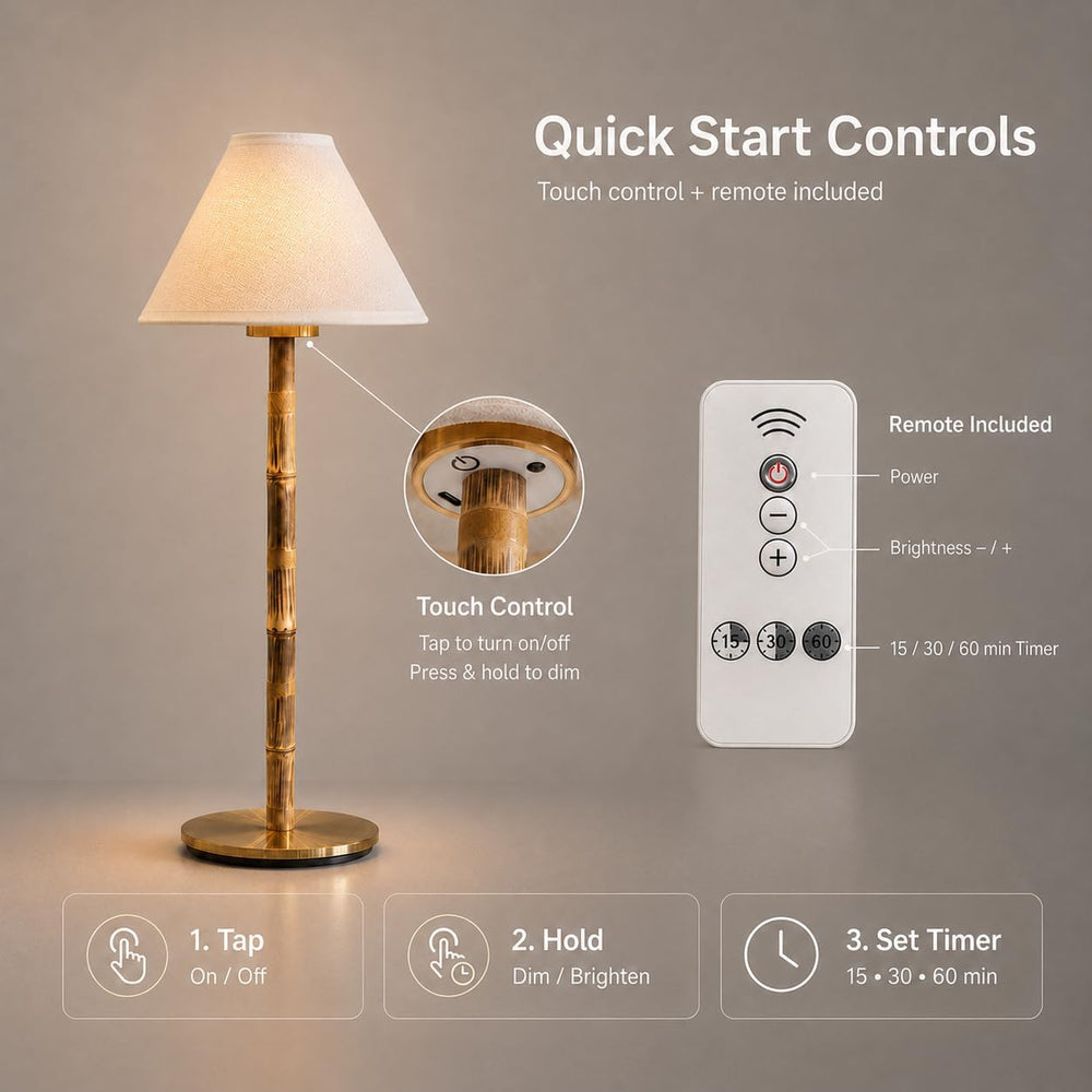 Bamboo Cordless LED Table Lamp – Rechargeable 24-Hour Battery, Dimmable Warm ...