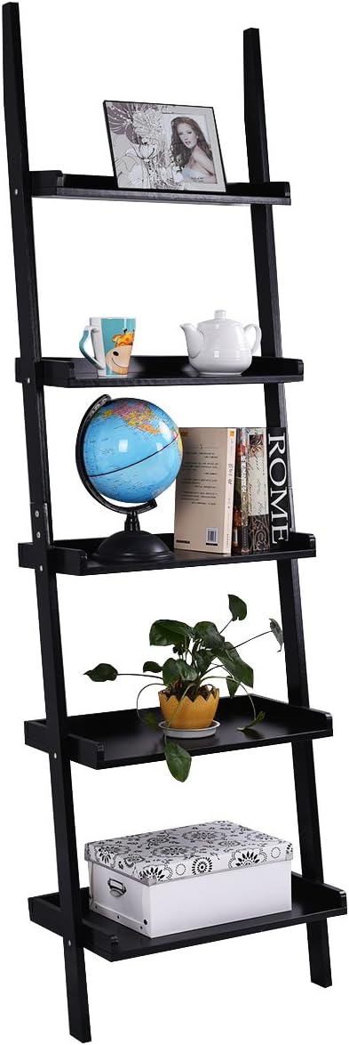 Tangkula Ladder Bookcase 5-Tier Wood Leaning Shelf Wall Plant Stand for Home Office Modern Flower Book Display Shelf Storage Rack Stable A-Frame Wooden Ladder Shelf (Black)