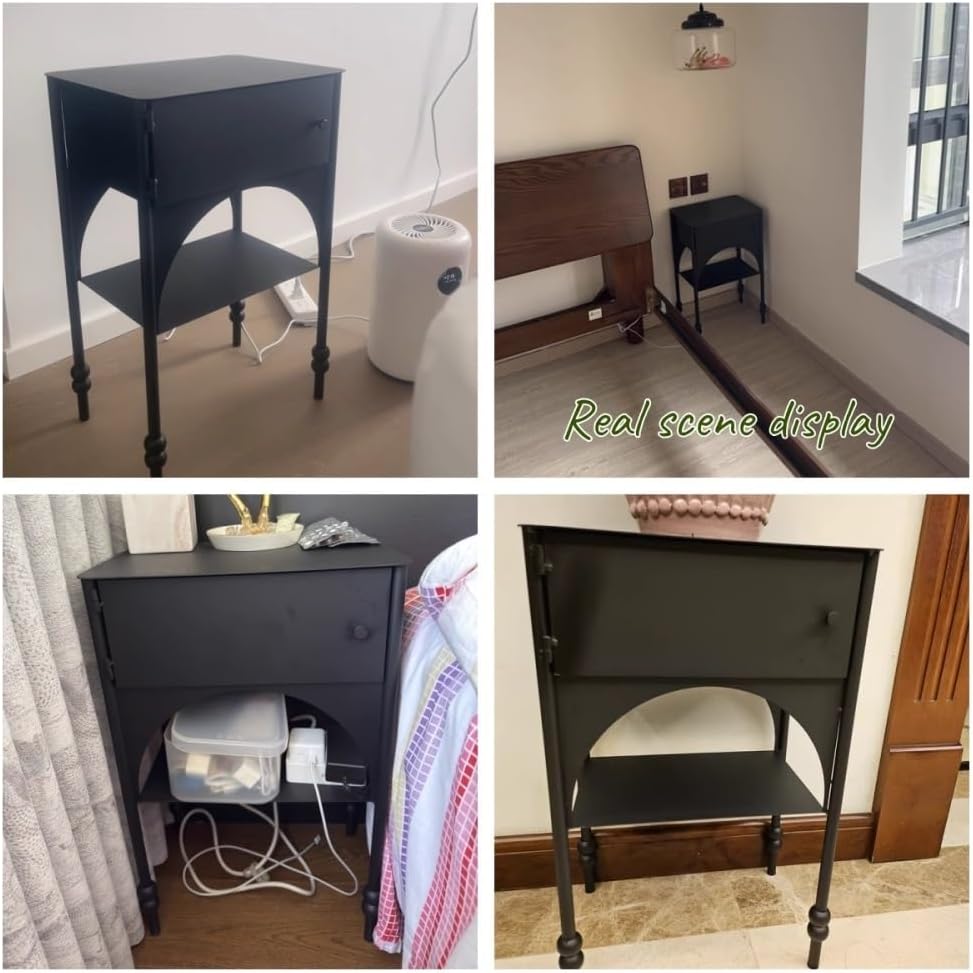 Black Side Table with Drawer, Wrought Iron Nightstand, 2-Tier End Table, Narr...