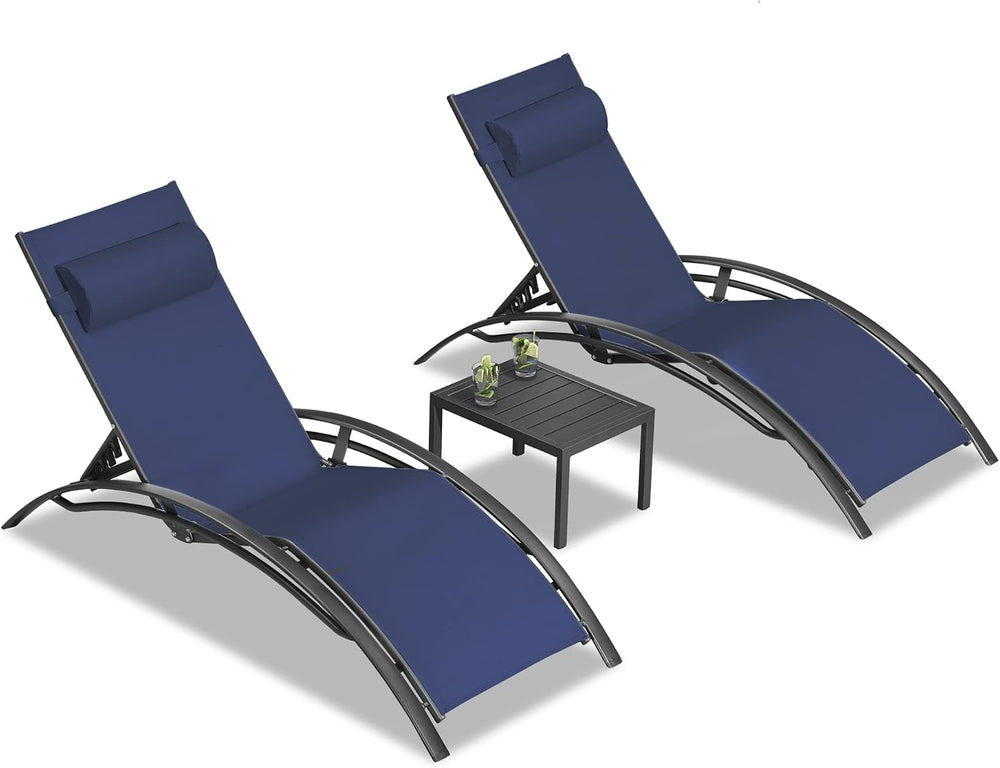 PURPLE LEAF Pool Lounge Chaise Set of 3 Outdoor Lounger Chair, Navy Blue | 2 ...
