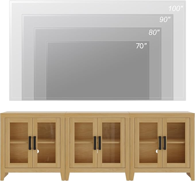 WAMPAT Farmhouse TV Stand for TVs up to 85”, Rustic Wood Entertainment Center with Adjustable Shelf, Glass Doors & Storage, Media Console Cabinet for Living-Room, Bedroom, Oak