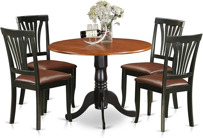 East West Furniture DLAV5-BCH-LC 5 Piece Dinette Set for 4 Includes a Round Dining Room Table with Dropleaf and 4 Faux Leather Kitchen Dining Chairs, 42x42 Inch, Black & Cherry