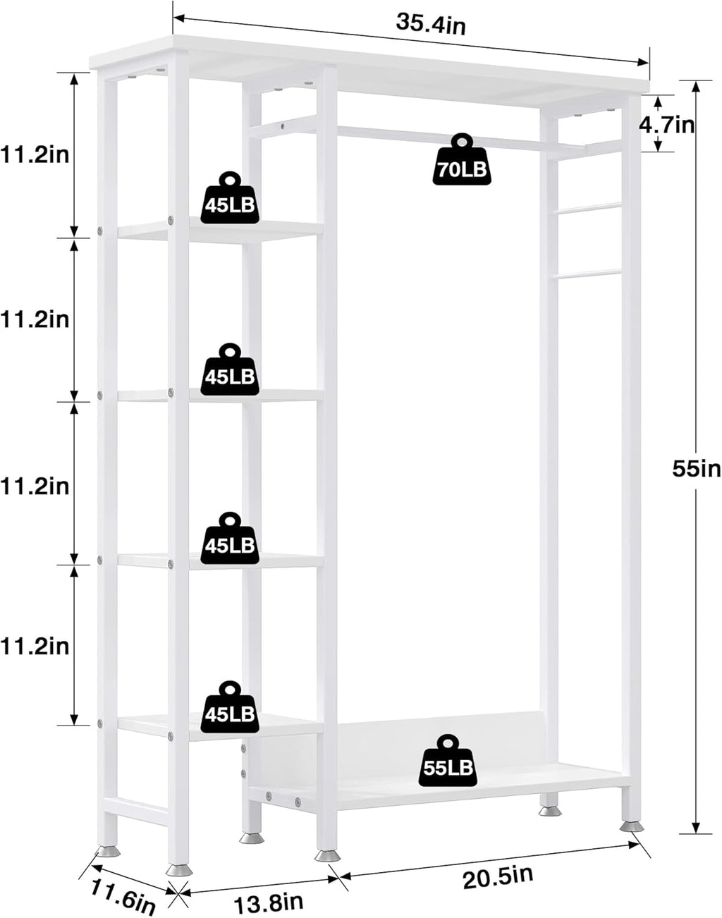 VECELO Open Garment Clothing Rack, Free-Standing Heavy Duty Storage Closet with 5 Shelves and Hanging Rod for Small Spaces, Max Load 350LBS, White