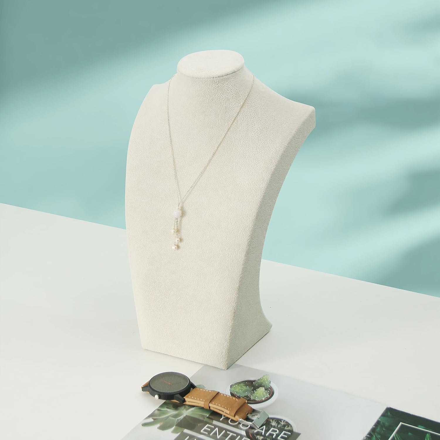 Coward Big Necklace Bust Stand for Selling Show, Beige Velvet Necklace Jewelry Display Holder for Home Use or Store Shop Show (13" Hight)