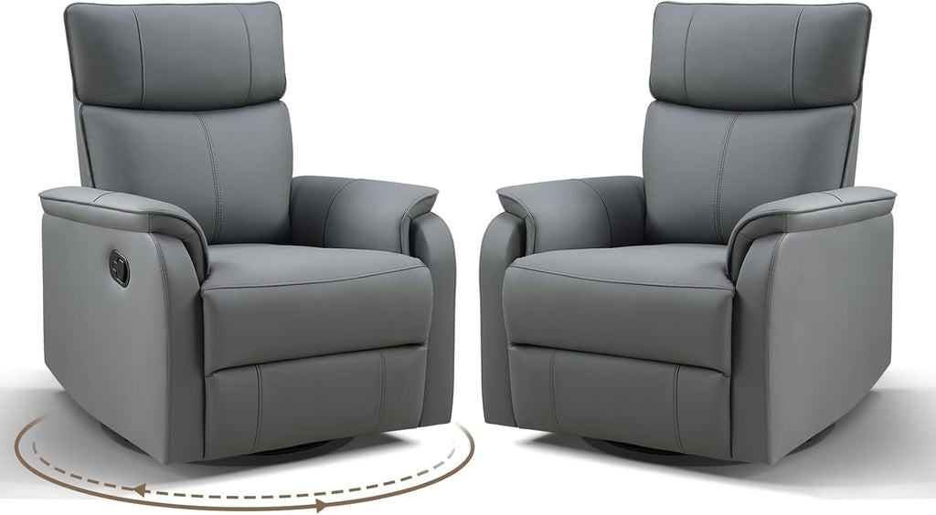 HAOMARKETS Swivel Rocker Recliner Chair Set of 2, Manual Faux Leather Glider Rocking Recliners for Adults, 360° Swivel Nursery Reclining Sofa with Padded Backrest for Living Room, Grey