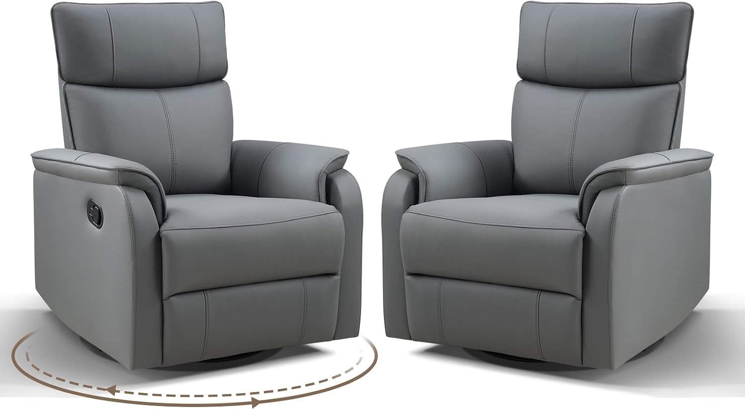 HAOMARKETS Swivel Rocker Recliner Chair Set of 2, Manual Faux Leather Glider Rocking Recliners for Adults, 360° Swivel Nursery Reclining Sofa with Padded Backrest for Living Room, Grey