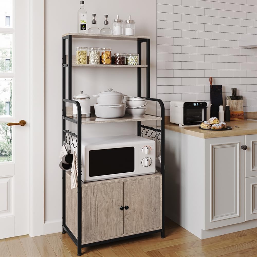 Yaheetech 4-Tier Bakers Rack with Cabinet,Coffee Bar Microwave Stand,Gray | Microwave Oven Stand Pantry Cabinet with S Hooks and Hutch,Freestanding Kitchen Shelves Spice Rack
