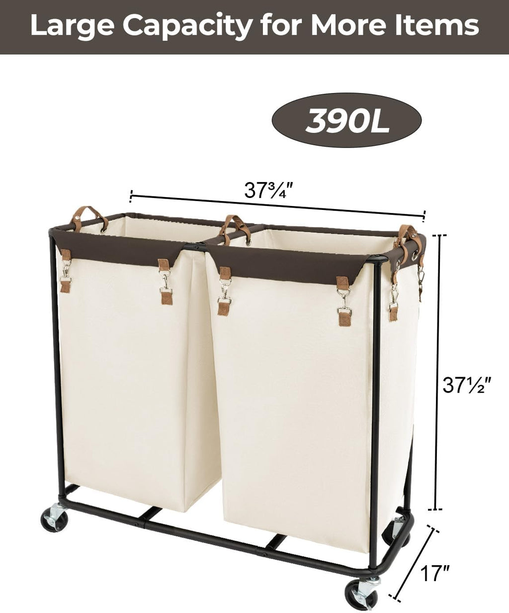 StorageWorks 390L Extra Large Lanudry Hamper with Wheels, Laundry Basket with Wheels 2 Sections, Clothes Sorter Cart with Divider for Hotel, Home, Beige, 1-Pack