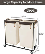 StorageWorks 390L Extra Large Lanudry Hamper with Wheels, Laundry Basket with Wheels 2 Sections, Clothes Sorter Cart with Divider for Hotel, Home, Beige, 1-Pack